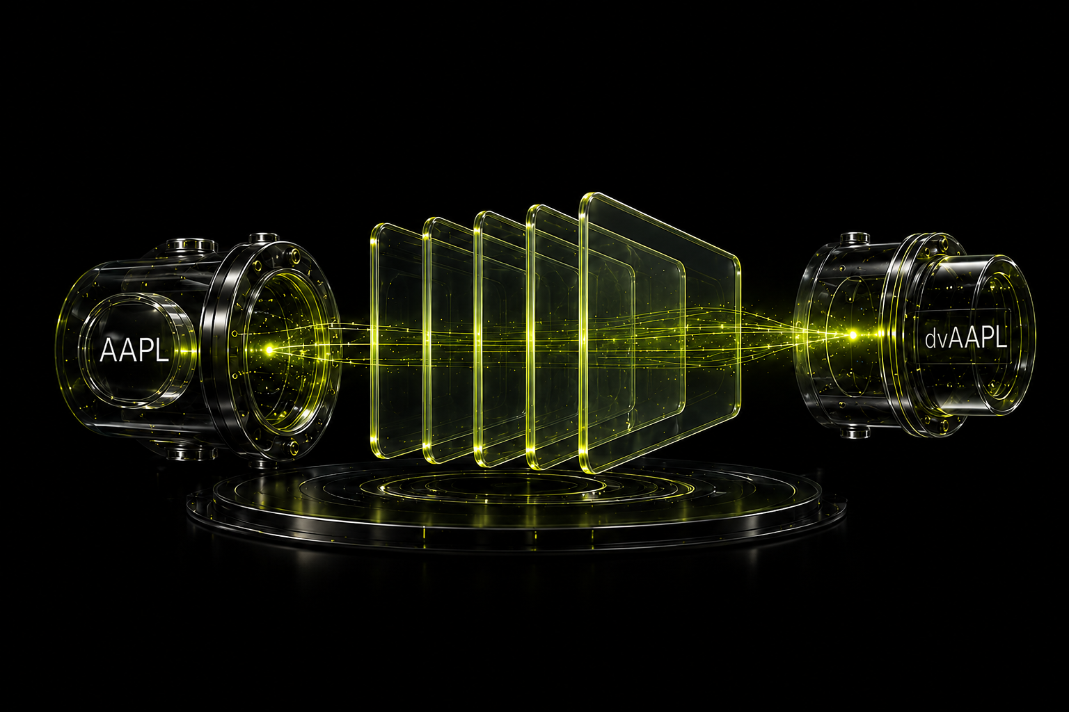Wrap machinery — AAPL passes through glass vault blades and emerges as dvAAPL, 1:1